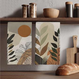 MEMNUN 2条装波西米亚米色抽象日落树叶图案厨房毛巾，尺寸为15.75*23.62英寸（40*60厘米），采用超柔软吸水超细纤维制成，非常适合擦干餐具、茶杯，也可用于浴室和餐厅装饰、烹饪和烘焙。