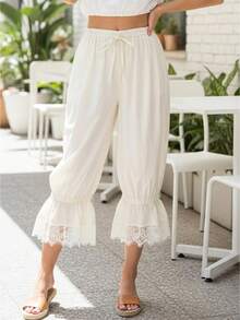  Women Lace Long Pants Elastic Waist Ruffle Pettipants Slip Cute Pumpkin Pants - 米色 - 查看 1
