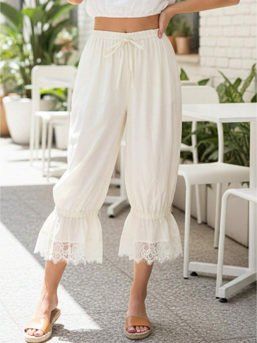  Women Lace Long Pants Elastic Waist Ruffle Pettipants Slip Cute Pumpkin Pants - 米色 - 查看 1