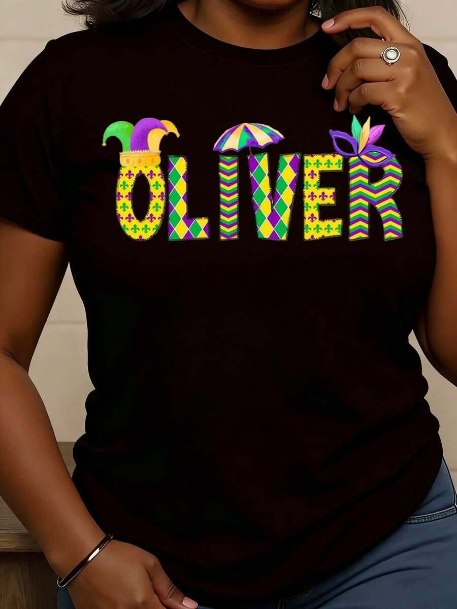 Mardi Gras Jester Hat And Umbrella Pattern Oliver Name Design T-Shirt For Festival Party Celebration - màu đen - Xem 1
