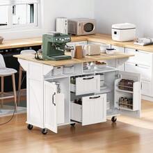 Kitchen Island On Wheels, Extendable Dining Table, Mobile Kitchen Island With Drawers And Towel Rack, Mobile Kitchen Cart With Power Strips, Ideal For Kitchen And Dining Room (Black) - White - View 2