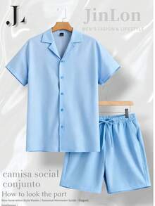 Men's Set: Button-Down Shirt And Shorts, Mauricinho Crepe Style, Sizes P, M, G, GG - 藍色 - 查看 1