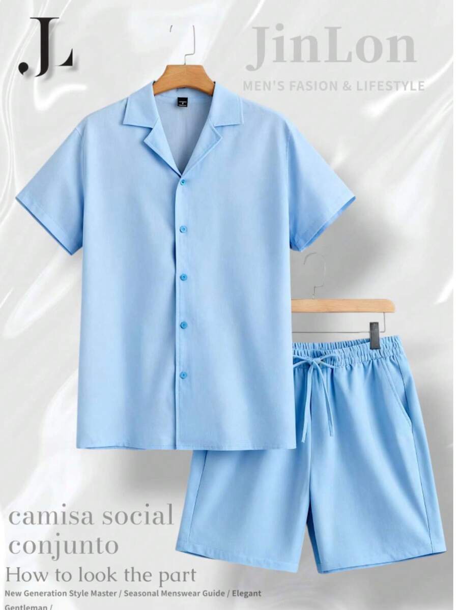 Men's Set: Button-Down Shirt And Shorts, Mauricinho Crepe Style, Sizes P, M, G, GG - 藍色 - 查看 1