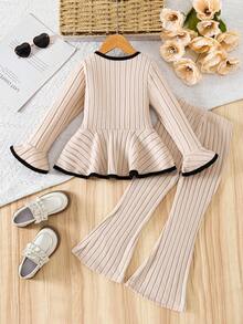 2 件套女童休闲可爱针织圆领荷叶边长袖上衣和阔腿裤套装，秋冬 - 彩色 - 查看 3