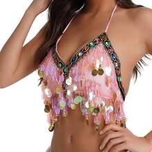 Top de Dança do Ventre, Top Cropped Tubular com Lantejoulas e Glitter com Pingente de Moeda para Mulheres, Sutiã de Dança do Ventre, Acessórios de Fantasia Cinto de Quadril Brilhante para Show de Palco