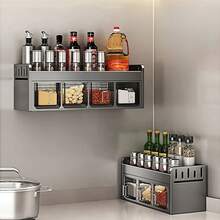 [4 Fächer-Design][37 cm * 13 cm * 14 cm]Wandmontierter Schubladenspender mit 4 Fächern, geeignet zum Aufbewahren von Gewürzen, Salz und Glutamat in Haushaltküchen, bohrfreie Gewürzaufbewahrung, Küchenzubehör, Küchen-Salz- und Pfefferstreuer / Gewürzfläschchen - Vier schwarze Gitter - Übersicht 10