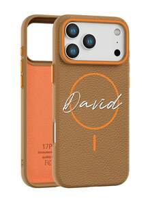 定制字母磁吸荔枝纹真皮手机壳，兼容 17/16/15/14/13 Pro Max及Air无线充电，防摔、防刮、防指纹，适用于 17 Pro Max，圣诞节和周年纪念日的完美礼物 - 棕色 - 查看 4