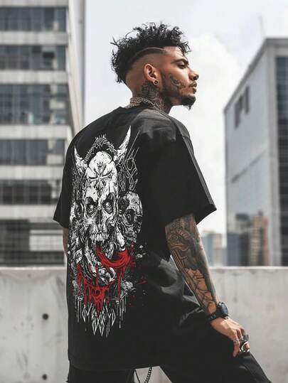 Men's Summer Casual Short Sleeve T-Shirt, Vintage Dark Style, Round Neck, Polyester Fabric, Suitable For Sports And Fitness