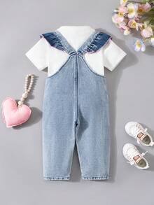 1pc Baby Girls' Outdoor Casual Party Gift Denim Print Washed Slim Fit Jumpsuit Regular Length Pants, Spring/Autumn - Blue - View 8