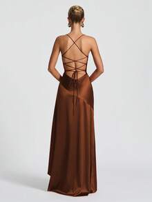 Vestido de novia con abertura, volantes y lazos, para primavera - Marrón - Ver 3