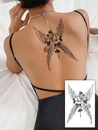 1pc Wing & Rose Temporary Tattoo Sticker, Versatile Paper Tattoo Sticker For Body Art, Suitable For Arms, Chest, Abdomen And Back Easy To Apply And Remove