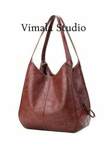 Women's Bucket Shoulder Handbag, Minimalist Fashion Large Capacity Tote Bag, Soft Faux Leather Shoulder Bag, Zipper Handbag - Brown - View 1