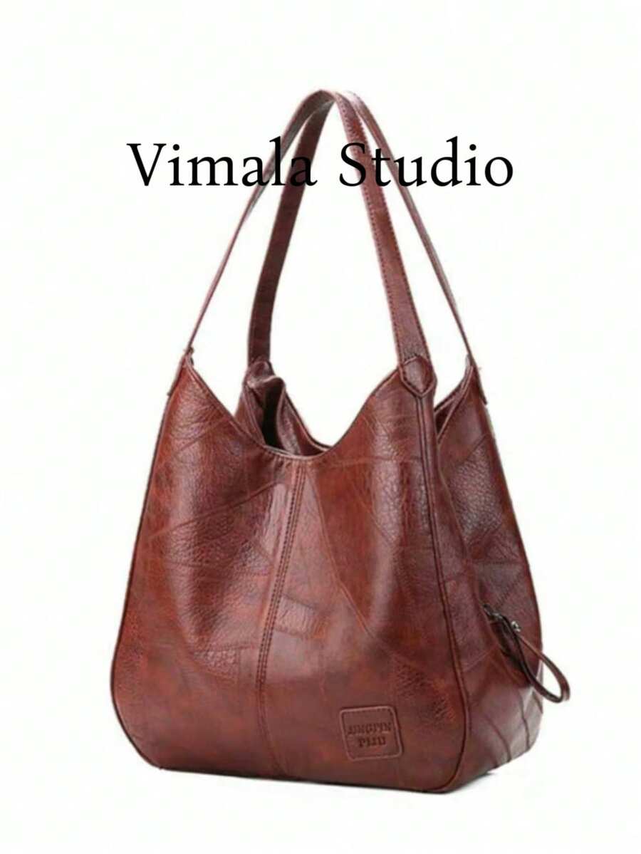 Women's Bucket Shoulder Handbag, Minimalist Fashion Large Capacity Tote Bag, Soft Faux Leather Shoulder Bag, Zipper Handbag - Brown - View 1