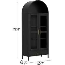 73" Arched Metal Storage Cabinet With Glass Doors & Adjustable Shelves,Freestanding Pantry Organizer - Modern Accent Bookshelf For Dining/Living Room/Office, Black - Default - View 2