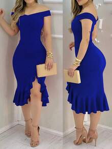 ChicMe Off Shoulder Beaded Ruffle Hem Bodycon Midi Dress Sexy Party Elegant Fashion Outfit - Navy Blue - View 2