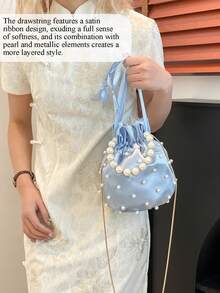 Mini Pearl Handbag Bucket Bag Stylish And Elegant Shoulder Bag Crossbody Bag Pearl Beaded Evening Bag Clutch Wallet Chain Bag Soft Satin Material Suitable For Commuting, Gatherings, Dinners, Parties And Other Occasions Christmas Gift Birthday Gift Perfect Choice For Women's Graduation Gifts Valentine's Day Gifts - 白色 - 查看 8