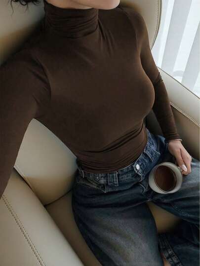 Women Basic & Simple Vintage Coin Graphic Mock Neck Long Sleeve Knit Sweater Top, Elegant Casual Autumn Wear