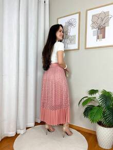 SAIA MIDI FEMININA RENDA  Casual  elegante  Fofo    Plissado    Formal e Noturno  Praia  Férias - Rosê - Visão 4