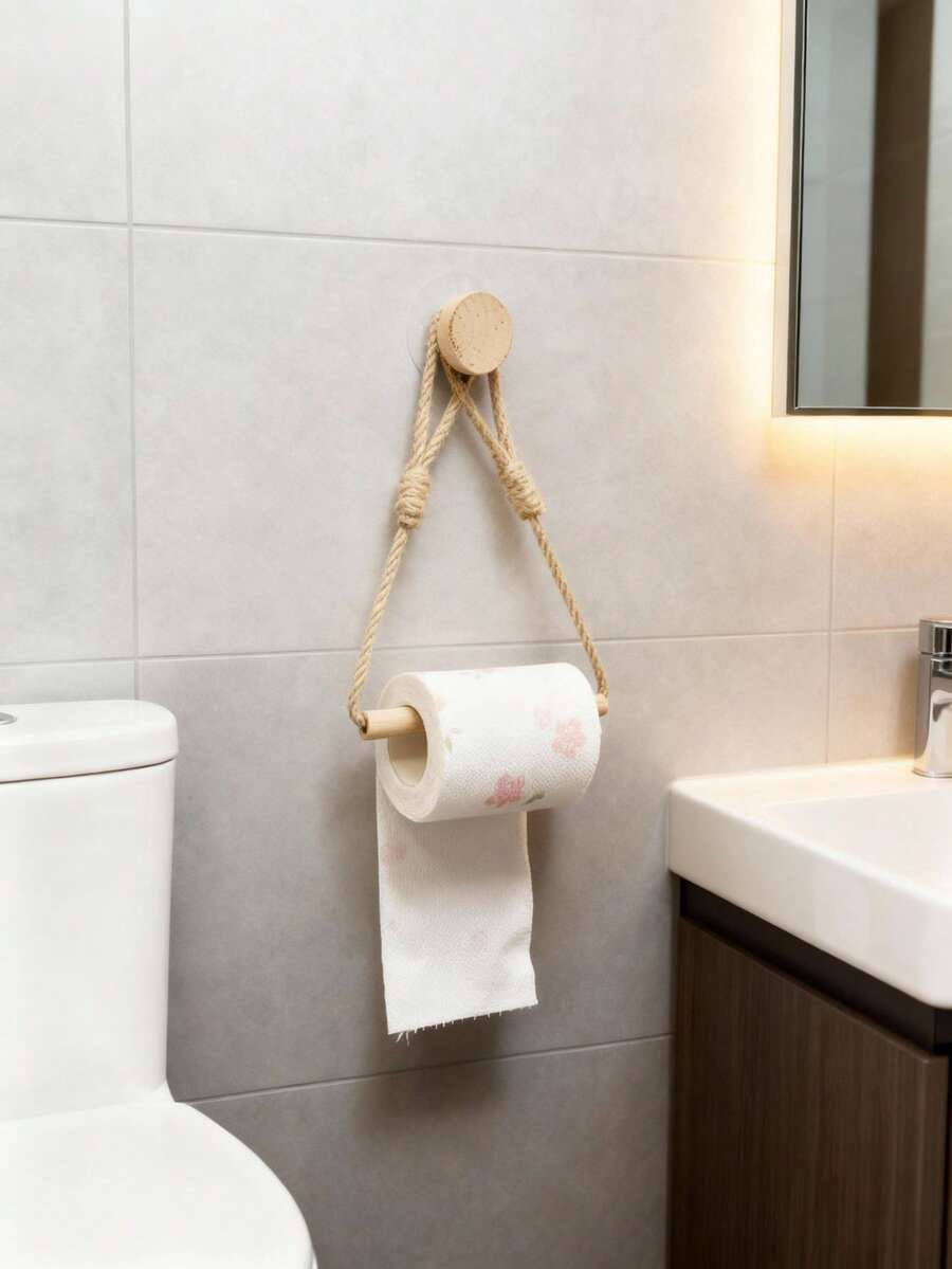 手工编织浴室卫生纸架、厨房纸巾架、毛巾架，无需钻孔 - 卡其色 - 查看 1