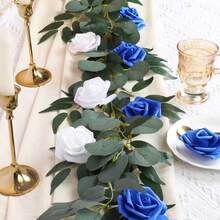 50 piezas de rosas artificiales azul real + blanco, flores de espuma de plástico, adecuadas para decoración central de boda DIY, decoración del hogar, decoración estacional y manualidades, uso versátil para decoración de fiestas festivas - Azul marino y blanco - Ver 4