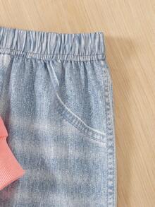 两件套女童休闲套装，纯色蝴蝶结装饰长袖上衣搭配印花仿牛仔图案长裤，春秋季