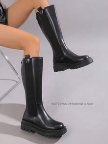 欧美风女式圆头小腿长靴过膝马靴厚底舒适时尚大码弹力靴 - 黑色 - 查看 7