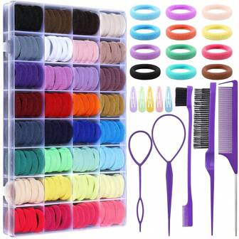 32种颜色发圈，320个发绳，配15件美发工具收纳盒，柔软无缝弹性发饰，适合所有发质，礼品及日常使用，含发夹，美发工具套装