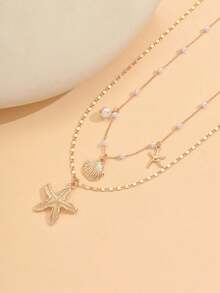 2pcs/Set Summer Faux Pearl Necklace, Charming, Fashion Ocean Life Pendant Jewelry Set, Suitable For Women's Daily/Vacation Wear, Handmade Adjustable Length, Varying Quantities Of Faux Pearls - Starfish Pearl - View 4