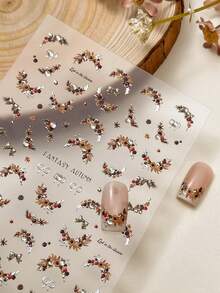 Adesivos de unhas com strass em estilo vintage com flores e renda de pinha, 1 unidade, estampagem a quente prateada, 5D, autoadesivos, para unhas DIY - Suprimentos e enfeites para unhas para meninas e mulheres - Unhas de outono, inverno e Natal para decoração de unhas em casa e no salão.