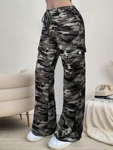 Spring Summer Women's Camouflage Multi-Pocket Straight Leg Pants, Casual & Fashionable Y2K Streetwear Style Waist Flared Pants, Vacation Beach Office School Outfits For Women - 軍綠色 - 查看 4