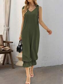 女士休闲纯色打结吊带背心哈伦裤，适合约会和度假