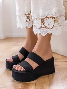 Platform Wedge Sandals With Wide Double Straps - Black - View 1