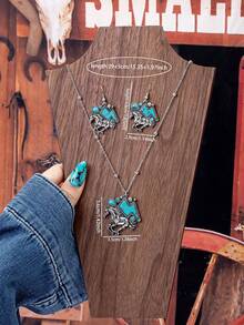 3件套西部马主题吊坠项链耳环套装，蓝色绿松石闪电饰品套装，美国中西部德克萨斯女牛仔耳环项链套装 - 馬吊墜項鍊耳環套裝 - 查看 3