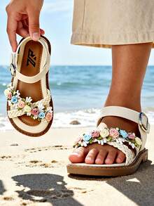 2026 Summer New Girls' Bohemian Colorful 3D Floral Woven Hook And Loop Sandals, Beige Faux Leather Soft Bottom Open Toe Sandals, Daily, Campus, Party, Beach Vacation Essential, Popular Trending Girls' Sandals, Fashion Design Princess Sandals, Soft Bottom Non-Abrasive Holiday Gift Choice - 米色 - 查看 3