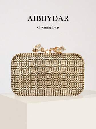 AIBBYDAR Women's Evening Bag, Gold Color, Elegant, Luxurious, Faux Crystal Rhinestone, Butterfly Clasp, Box-Shaped, Suitable For Evening Gowns, Portable Cosmetic Bag, Detachable Shoulder Strap, Suitable For Balls, Parties, Festivals, Weddings