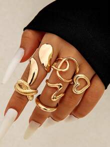 3pcs/6pcs Set Minimalist Chic Geometric Flower Heart Faux Pearl Creative Unique Design Rings Set, Suitable For Daily Wear And Gift Giving