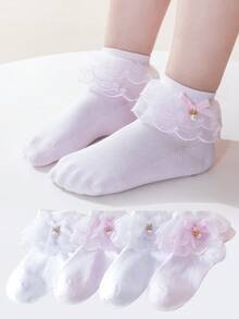 4雙女孩棉質蕾絲珍珠蝴蝶結裝飾舞蹈襪，優雅公主風網格短襪，適合派對穿搭 - 彩色 - 查看 7