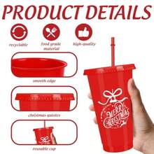 D12Pcs Merry Christmas Plastic Cups With Lids Straws 24 Oz Red Xmas Drinking Cups Reusable Tumbler For Cold Beverage Drink Party Favors Plies - Đỏ - Xem 3