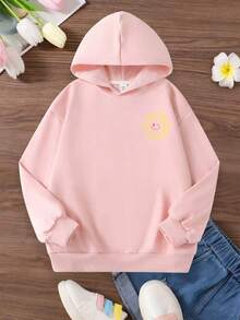 女童可爱图案少女风连帽衫 女童长袖连帽运动衫 秋冬女童上衣 女童服装 - 粉色 - 查看 3
