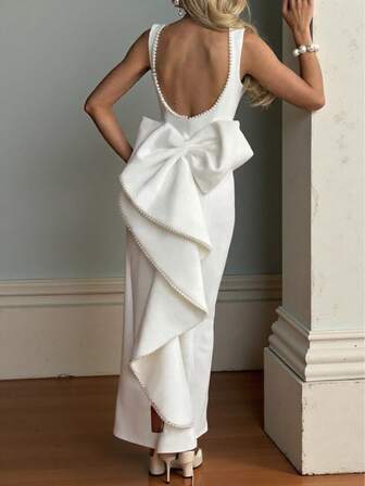 Plus Size Elegant Romantic Holiday/Prom Dress, Christmas Party Dress, Sexy Open Back Pearl Bow Party Dresses For Women