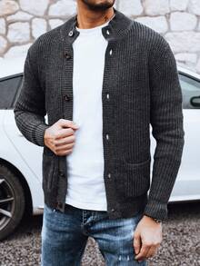 This Men's Chunky Knit Cardigan Features A Structured Knit, Button Closure, Two Practical Pockets, And Is Made Of Soft Acrylic. It's The Perfect Outerwear For Both Casual And Formal Occasions, Offering Both Comfort And A Distinctive Personalized. - Dark Grey - View 1
