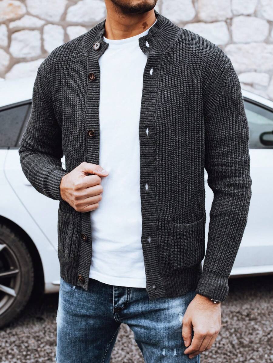 This Men's Chunky Knit Cardigan Features A Structured Knit, Button Closure, Two Practical Pockets, And Is Made Of Soft Acrylic. It's The Perfect Outerwear For Both Casual And Formal Occasions, Offering Both Comfort And A Distinctive Personalized. - Dark Grey - View 1