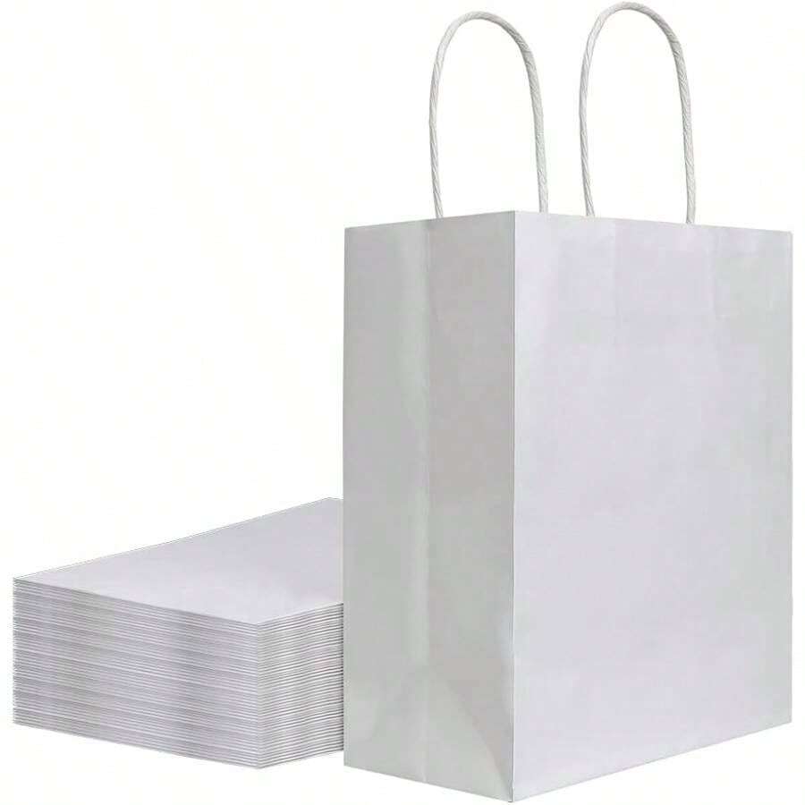 100Pcs Pack 8x4.75x10 Inch Medium White Kraft Paper Bags With Handles Bulk, Bags, Grocery Shopping Retail Birthday Party Favors Wedding Sacks Restaurant Takeout, Business - 50 - 查看 1