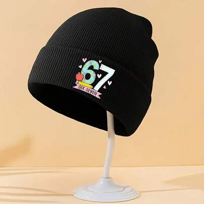 Funny Number 67 Meme Teacher Beanie Hat - Unisex For Men & Women, Light Beige Winter With 67 Design, Stretch Fit For All-Season - Novelty Gift For Educators, 67-Themed Apparel For Classroom Or Casual Wear, Cool Funny Teaching