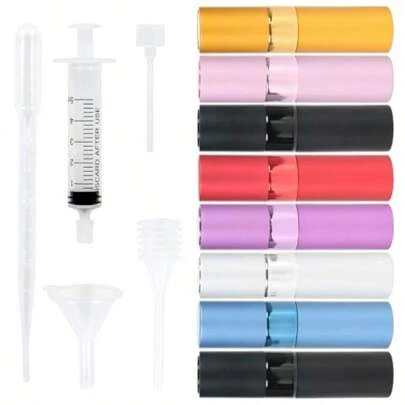Mini Atomizador Perfume - 8 Pcs Decants Perfumes Portátiles de 8ml Atomizador Perfume Viaje Sin Fugas con 8 Colores Vibrantes + Kit de Llenado Embudo y Transferidor