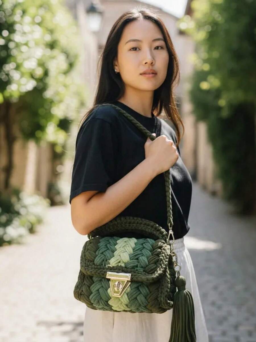 Women's Braided Crochet Bag With Short Handle, Tassel, And Gold Clasp. Structured, Voluminous Crochet, Thick Yarn. - màu xanh lá - Xem 1