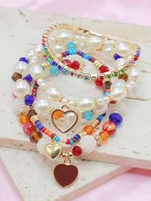 5pcs/Set Pearl & Crystal Beaded Bracelet, Fashion Multilayer Bracelets Set For Women - Red - View 19
