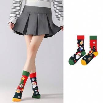1 Pair Gradient Color-Block Christmas Themed Asymmetric Mismatched Colorful Mid-Calf Socks, & Fashionable Unisex Design