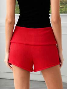 Women's Mini Shorts Elastic Waist Casual Solid Color Summer Low Rise Knit Shorts - Rojo - Ver 4