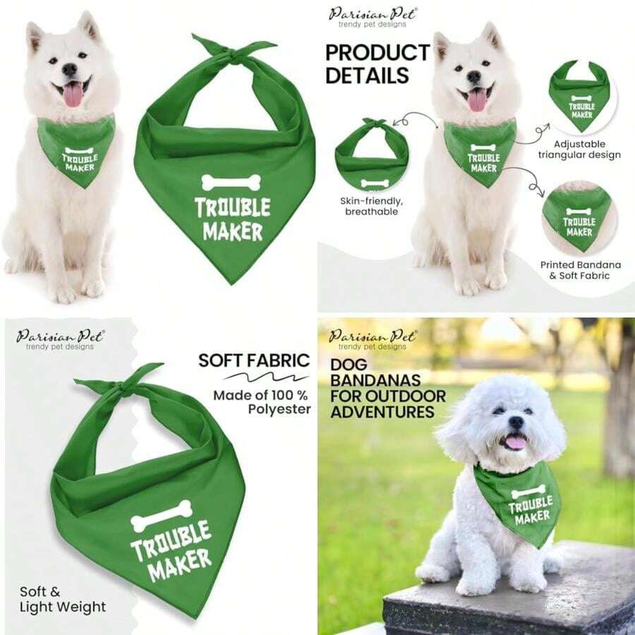 Parisian Pet Fashionable Dog Bandana – '' Printed Tie-On Neck Kerchief for Female Dogs and Cats – ize mall(L Trouble Maker) - Multicolor - Ver 1